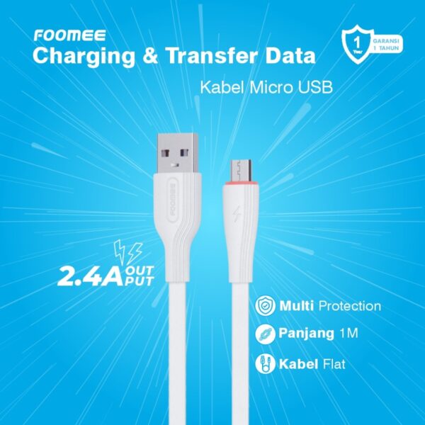 Micro USB FOOMEE FD100-M Kabel Charger Kabel Data Micro Flat Cable Data USB Type Lightning Iphone 2.4A Fast Charging Panjang 1 Meter - Gambar 3