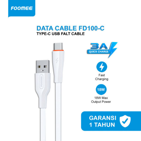 Type C FOOMEE FD100-C Kabel Charger Kabel Data Micro Flat Cable Data USB Type Lightning Iphone 3A Fast Charging Quick Charge Panjang 1 Meter