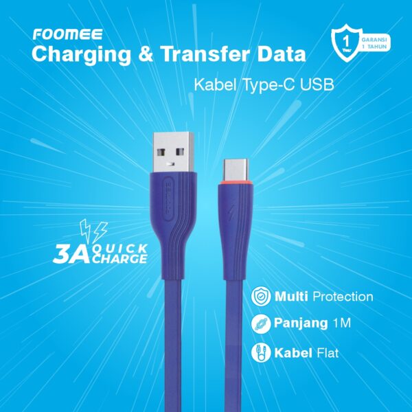 Type C FOOMEE FD100-C Kabel Charger Kabel Data Micro Flat Cable Data USB Type Lightning Iphone 3A Fast Charging Quick Charge Panjang 1 Meter - Gambar 7
