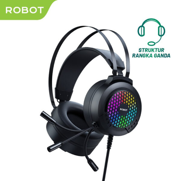 Headphone Kabel Robot RH-G30 Headset RGB Light Effect Black Headphone Gaming Gamer with Mic Microphone Komputer PC Laptop Jack 3.5mm Head Phone Wired