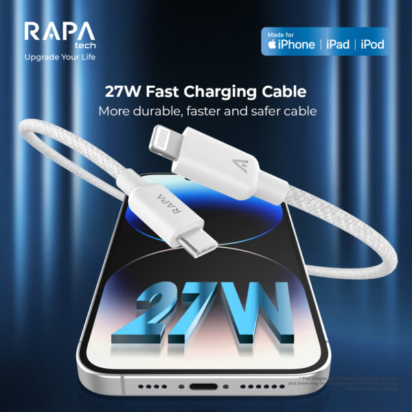 RAPAtech DC3034 Line+ I Kabel Charger Nylon Braided Apple Mfi Certified USB-C to Lightning Iphone Cable Kabel PD 27W - Gambar 7