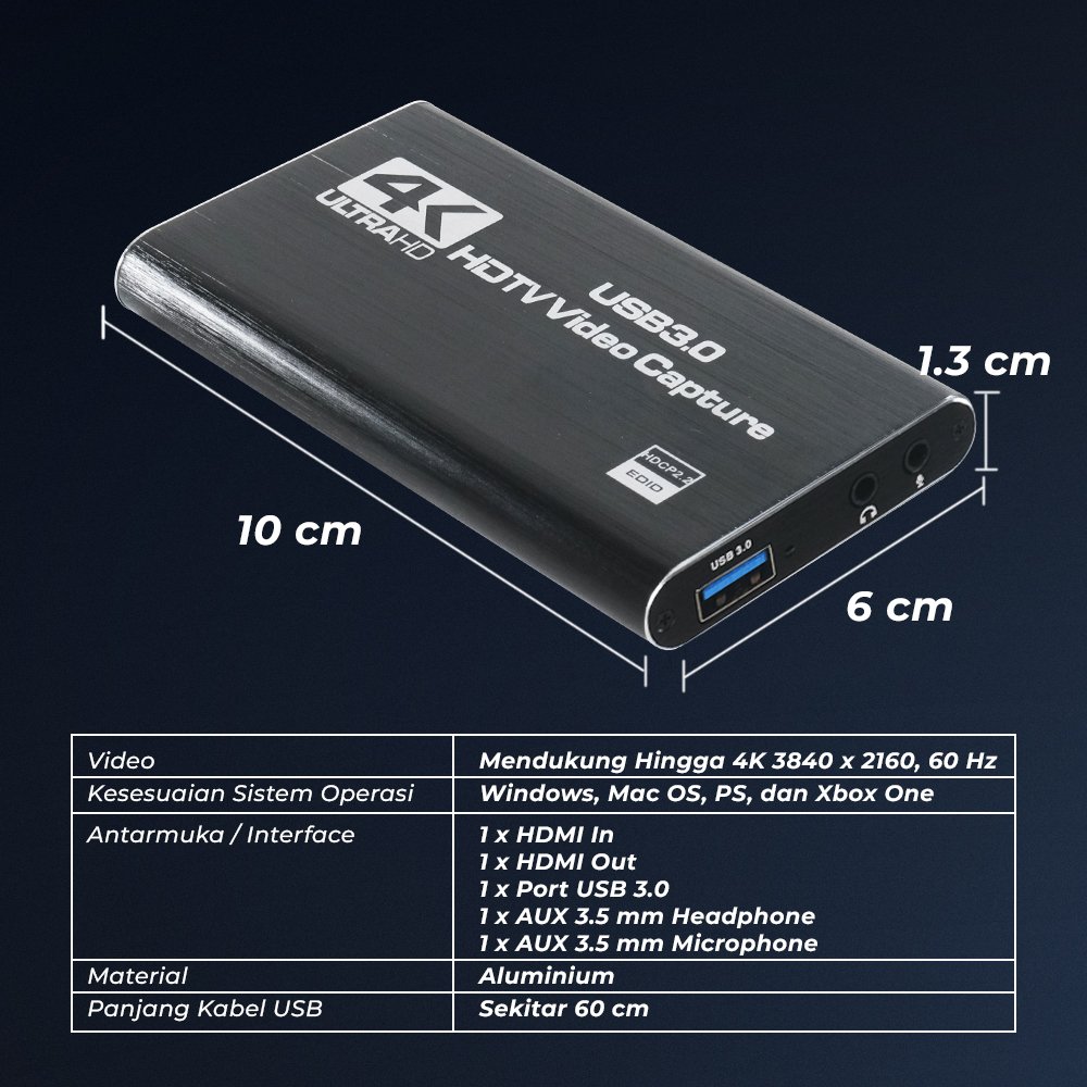 ALLOYSEED HDMI Video Capture Card USB 3.0 4K 60Hz HDTV RU900, Capture Card untuk Live Streaming OBS YouTube Twitch Facebook, HDMI In Out, Rekam Kamera DSLR, PS, Nintendo Switch, Xbox ke PC Laptop - Gambar 6