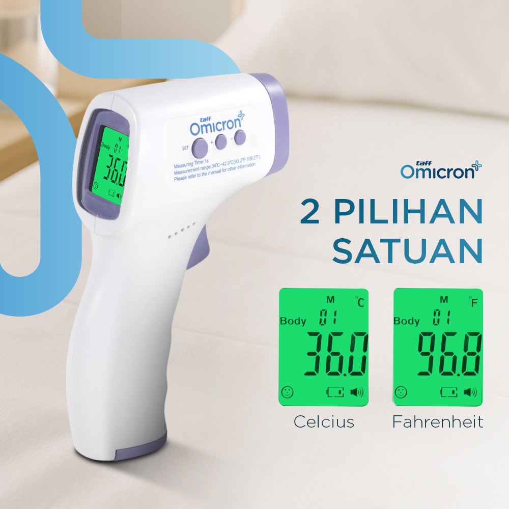 TaffOmicron Termometer Digital Infrared AD801 Thermogun Non Contact Pengukur Suhu Badan Dahi untuk Anak Dewasa Pengukuran 1 Detik LCD Indikator Hijau Oranye Merah Memory 20 Data 34-42,9°C 2x AAA Purple - Gambar 7