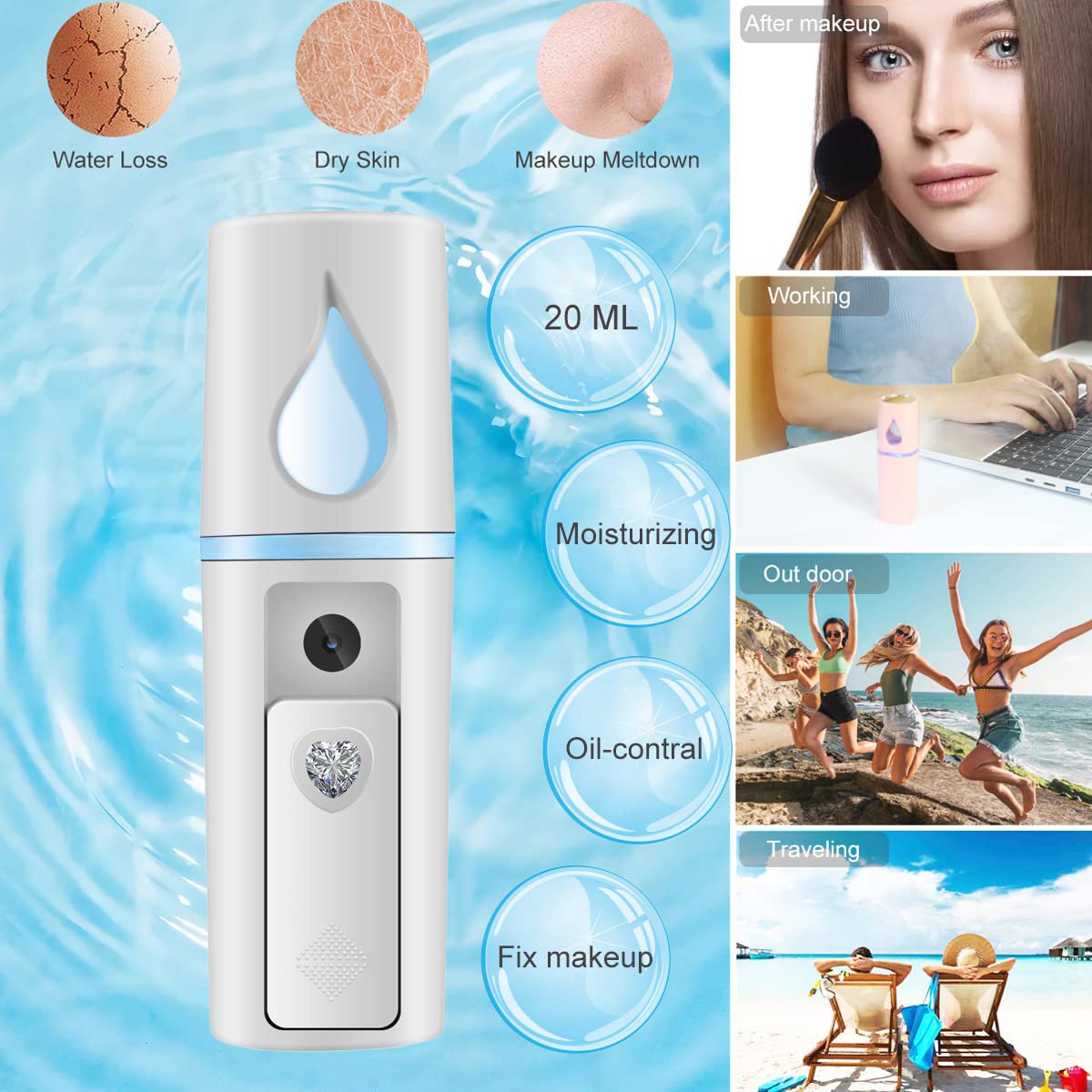 Biutte.co Nano Spray Steamer Muka Portable L-2 White, Humidifier Wajah Mini Mist Atomization dengan Water Tank 30ml, Facial Mister USB Rechargeable 450mAh, Uap Halus untuk Membantu Menjaga Kelembapan Kulit - Gambar 6