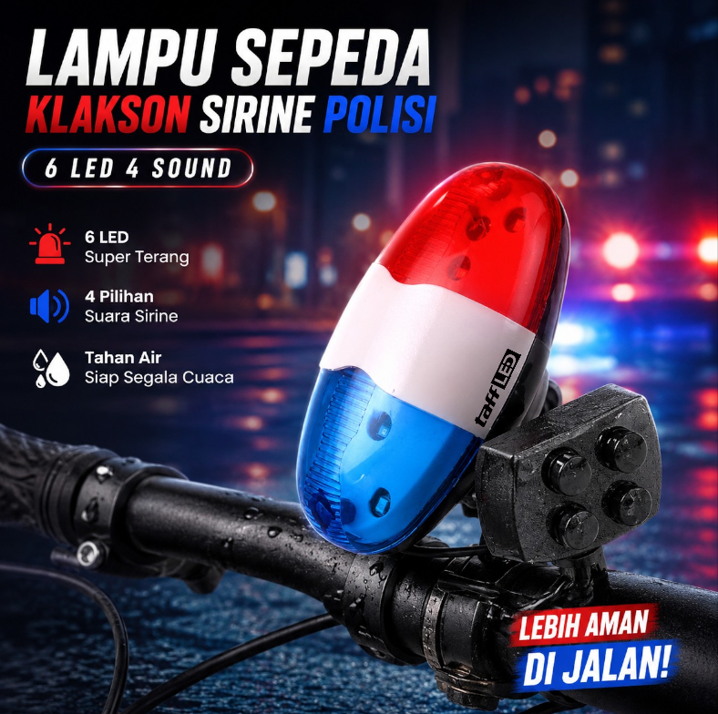 TaffLED Lampu Depan Sepeda LED 6 LED Red Blue JY-325B dengan Klakson Sirine Polisi 4 Sound, Bel Sepeda Anak, Switch Control, Mount Bracket untuk Stang 22mm, Baterai 2xAA, Lampu Sepeda Malam Hari - Gambar 6