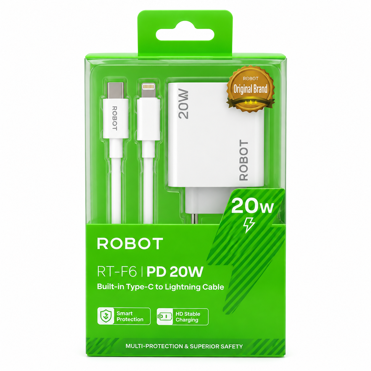 ROBOT RT-F6 Charger iPhone 20W PD Power Delivery Set Kabel USB-C Type-C to Lightning Fast Charging Adapter Travel Charger untuk Pengisian Cepat 20W dengan 7 Perlindungan Keamanan Aman dan Stabil Garansi Resmi 1 Tahun - Gambar 8
