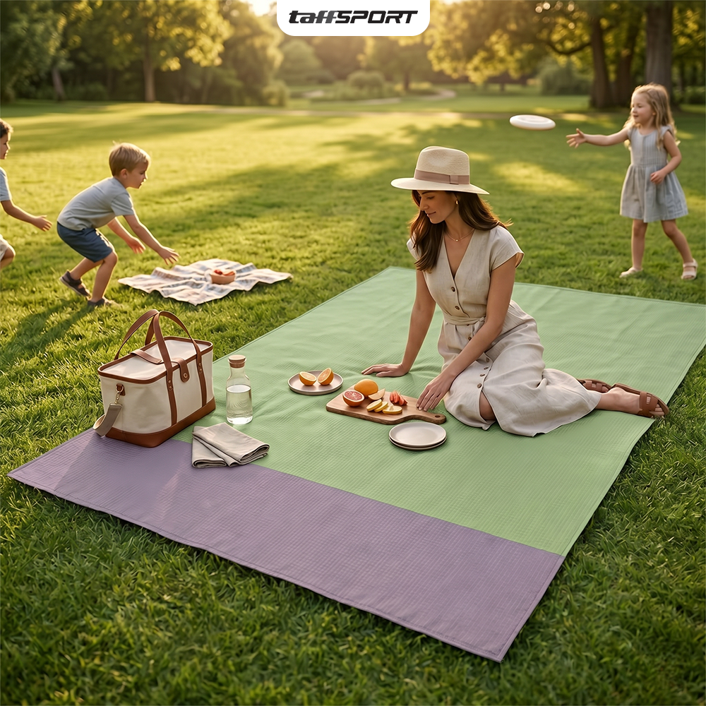 TaffSPORT Tikar Lipat Camping FS-008 Matras Piknik Waterproof 140x200cm Tahan Air dan Pasir Nilon 210T dengan 4 Pasak serta Pouch untuk Pantai Gunung Taman Kemah Hiking Traveling Outdoor - Gambar 5