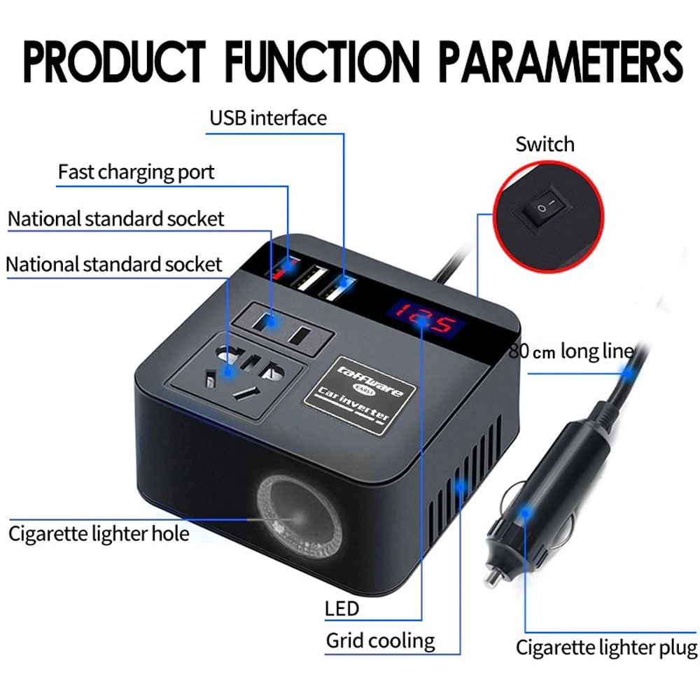 Taffware Power Inverter Mobil EA851 DC 12V 24V ke AC 220V 100W Modified Sine Wave Konverter Listrik dengan 3 USB 5V dan Soket Universal EU US UK Cigarette Plug untuk Smartphone Laptop Lampu dan Kipas - Gambar 9