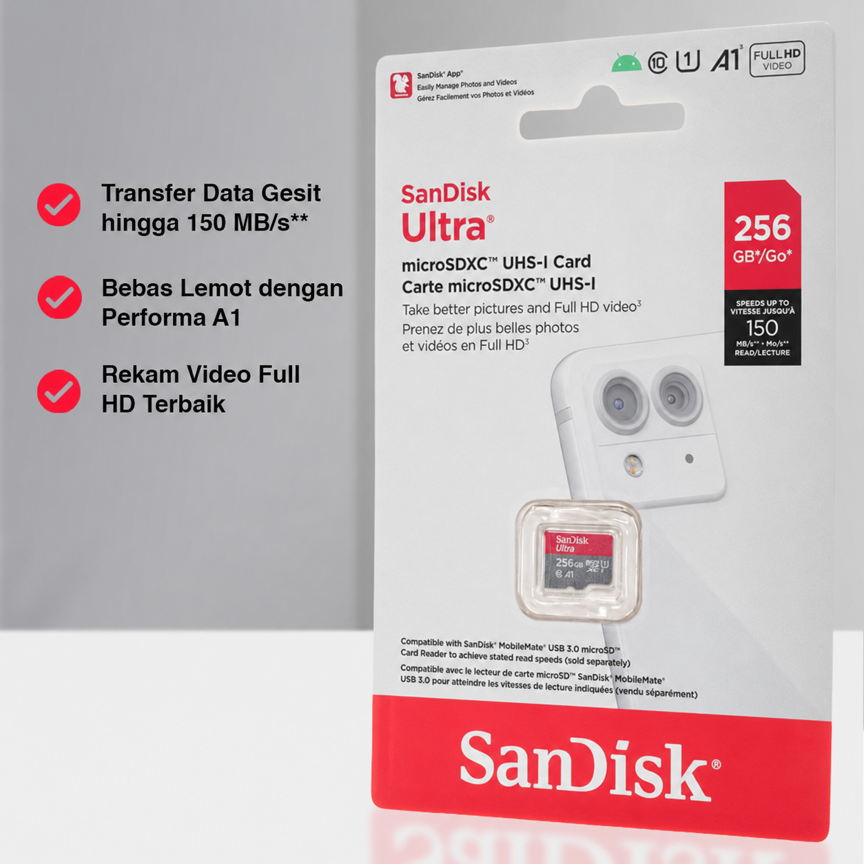 SanDisk Ultra microSDXC 256GB Class 10 A1 150MB/s Kartu Memori Micro SD Original untuk Smartphone Tablet Kamera Android Penyimpanan Foto Video Musik File Transfer Cepat Kompatibel microSDXC Tahan Air Suhu dan X-Ray - Gambar 8