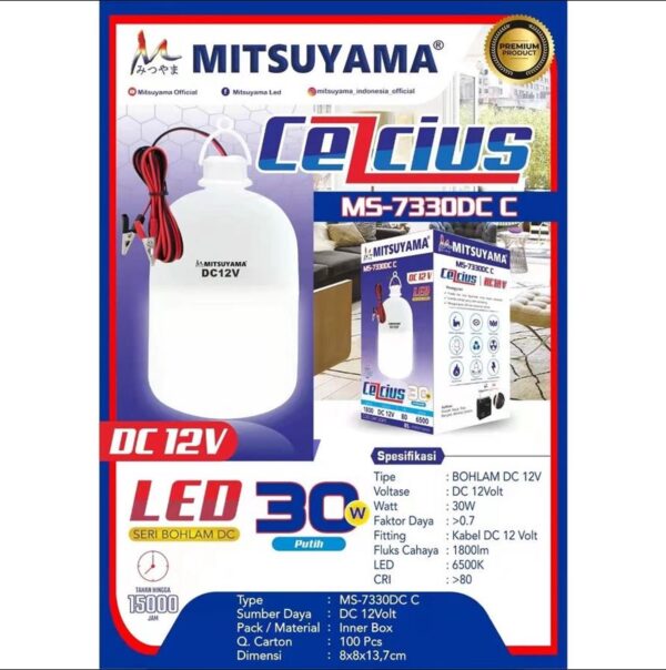 Mitsuyama Lampu Bohlam Kabel LED DC 30 Watt 30W Mitsuyama MS-7330DC Celcius Lampu Jepit 12V untuk Accu Aki