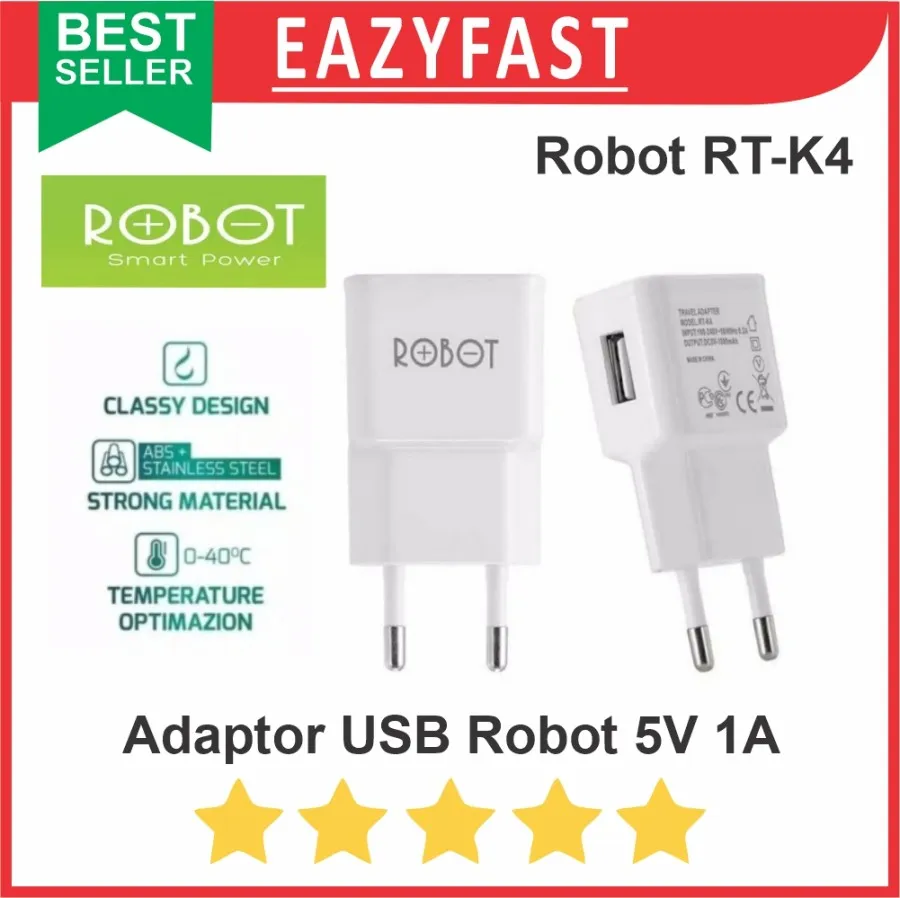 ROBOT RT-K4S Charger Kepala 5V 1A Adaptor USB-A Untuk Android HP Smartphone Tablet Input 100-240V 50-60Hz Multi Proteksi Portable, Housing PC ABS Stainless Steel Berlapis Nikel Kecil Praktis - Gambar 2