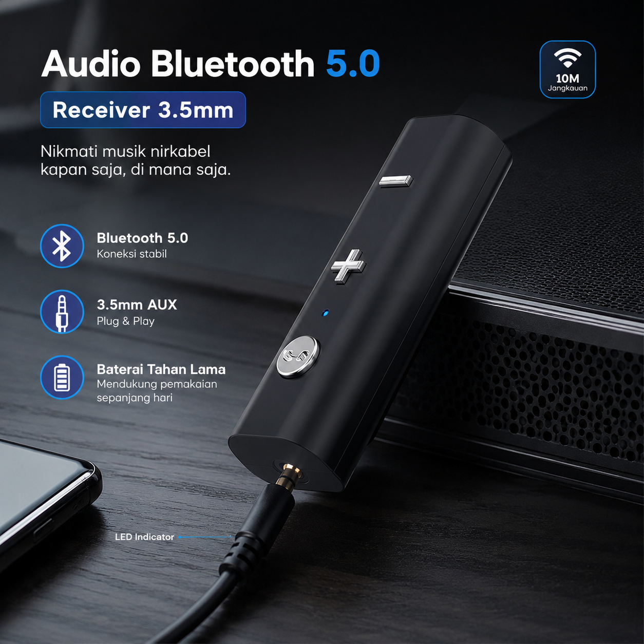 ESG Adaptor Bluetooth Receiver 5.0 BT001 3.5mm AUX Audio Wireless untuk Headphone Earphone Speaker Mobil dan Perangkat Audio Jack 3.5mm Baterai 110mAh Durasi 4-5 Jam Jarak Transmisi 8-10M A2DP - Gambar 6