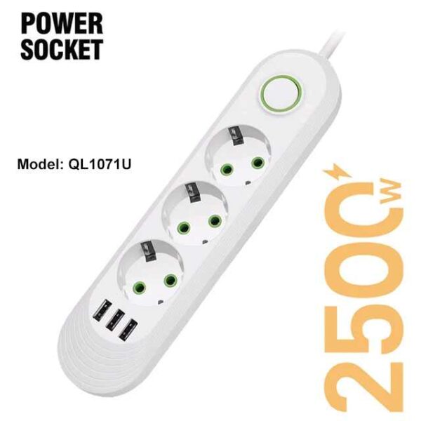 Taffware Kabel Saklar Power Socket 2500 w Stop Kontak Listrik Saklar On Off USB EU Plug 3 Lubang Port 10A 110-250V 2500W - QL-1071U / QL-1072U