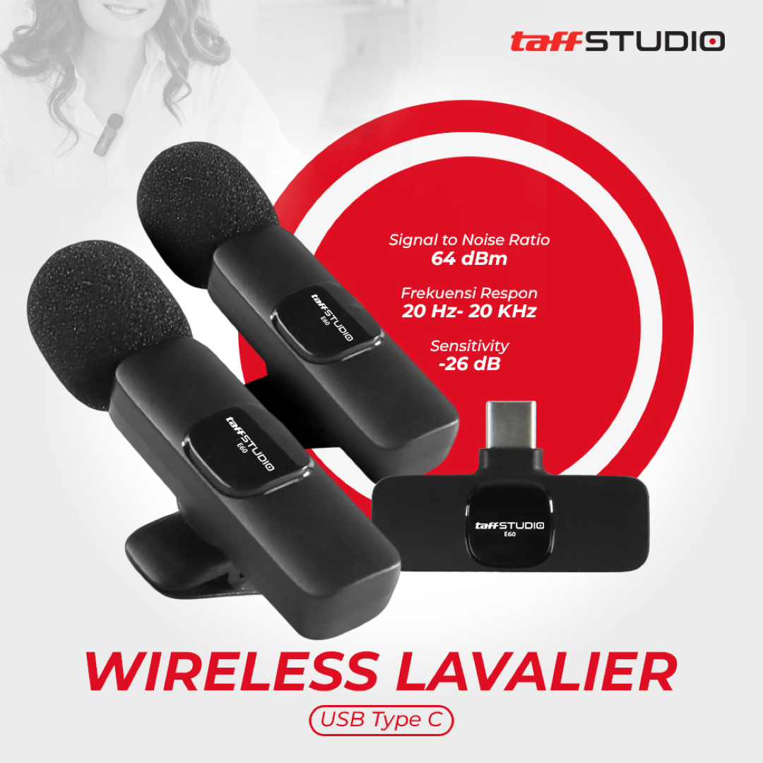 TaffSTUDIO E60 Double Microphone USB Type-C 2.4GHz Wireless Clip On Dual Mic Lavalier Noise Reduction Omnidirectional untuk Android iPhone 15 Podcast Vlog Live Streaming Interview Konten Kreator Jarak Transmisi 20 Meter - Gambar 2