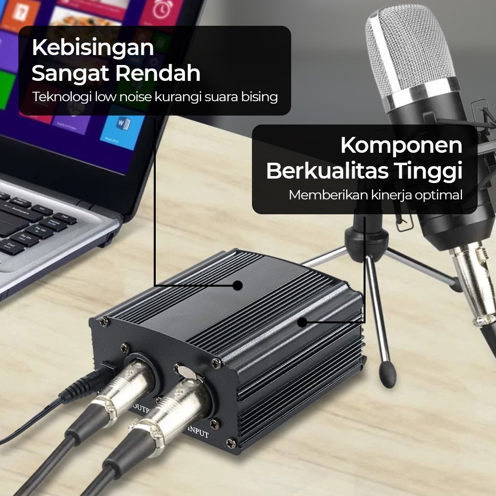 TaffSTUDIO RU-P48V Phantom Power Supply 48V 1 Channel Microphone Condenser XLR Male Female Low Noise Audio Booster Mikrofon Kondenser untuk Recording Podcast Live Streaming Mixer Sound System Studio Rekaman dengan Power Adaptor - Gambar 4