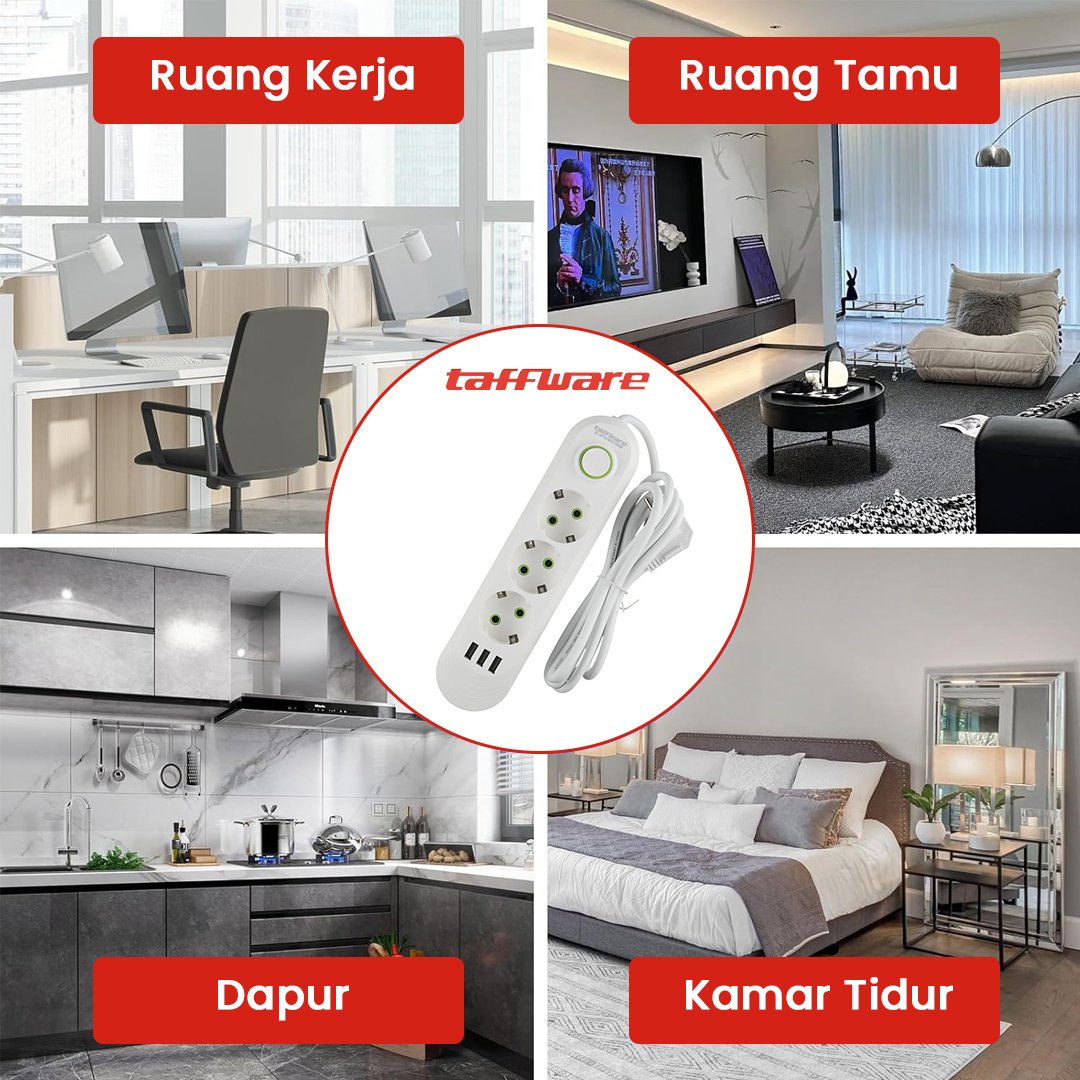 Taffware Stop Kontak Listrik 3 Lubang USB Type A 3 Port Kabel 1.8M Saklar On Off 10A 2500W 110-250V EU Plug Power Socket PC ABS Flame Retardant untuk Rumah Kantor Smartphone Charger Elektronik - Gambar 8