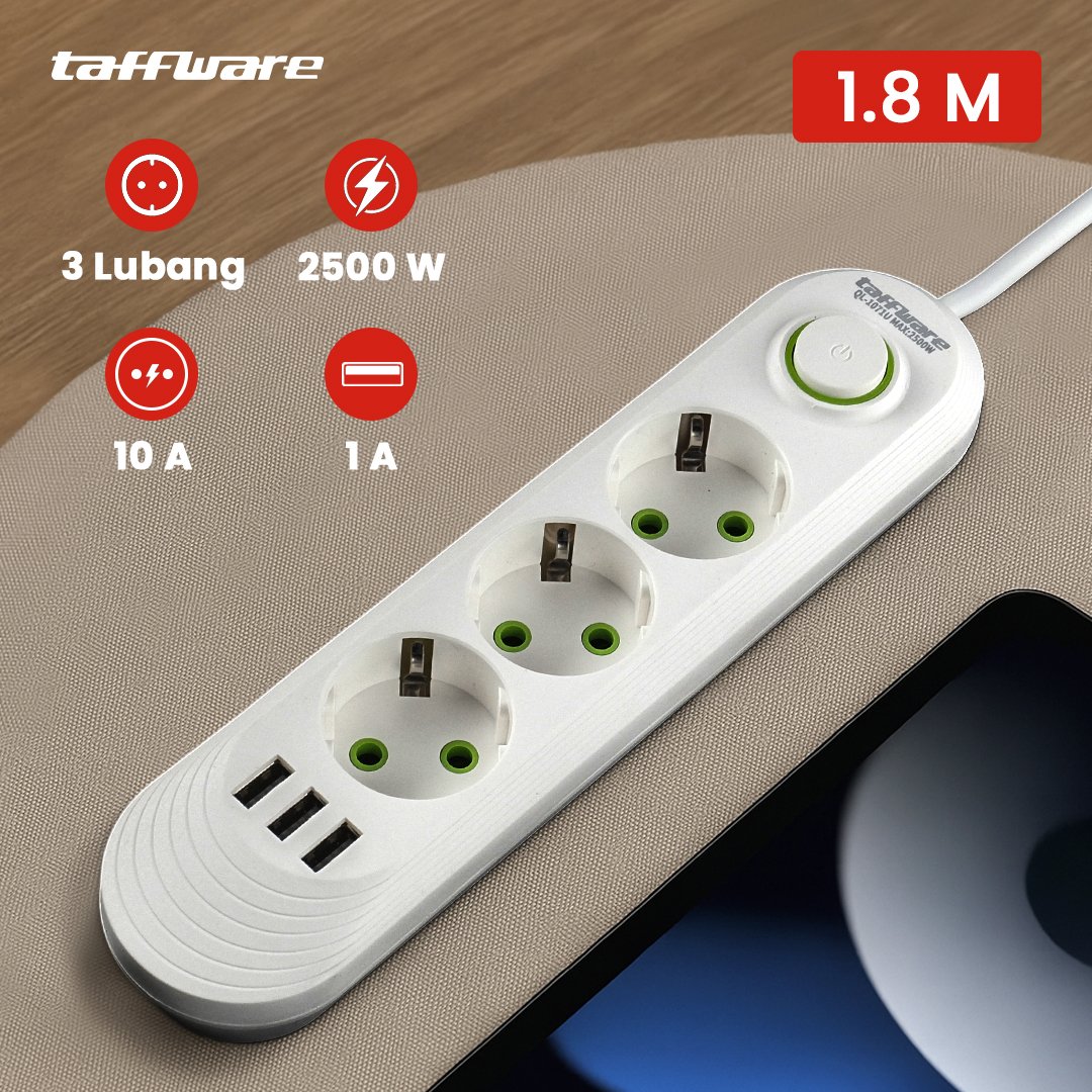 Taffware Stop Kontak Listrik 3 Lubang USB Type A 3 Port Kabel 1.8M Saklar On Off 10A 2500W 110-250V EU Plug Power Socket PC ABS Flame Retardant untuk Rumah Kantor Smartphone Charger Elektronik - Gambar 6
