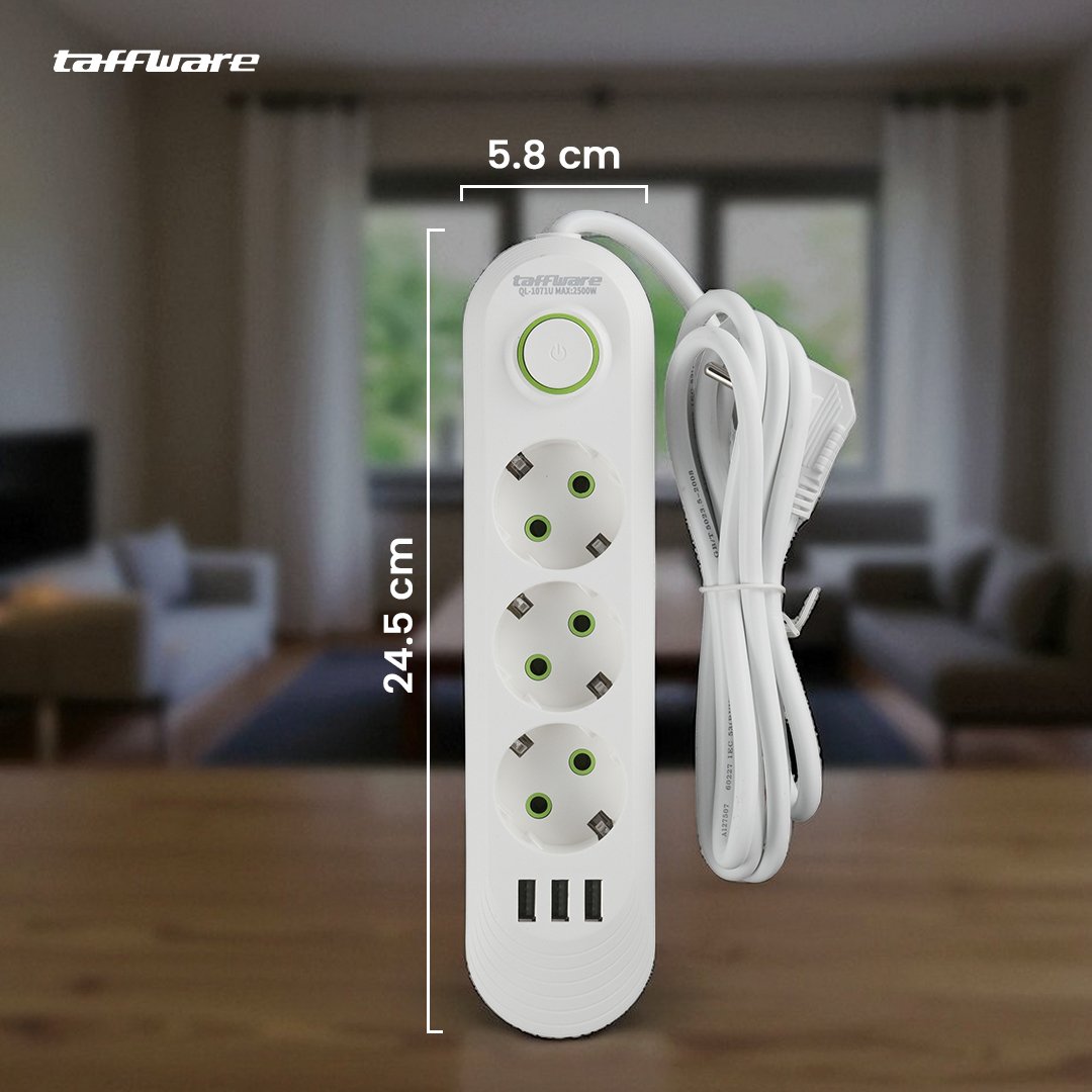Taffware Stop Kontak Listrik 3 Lubang USB Type A 3 Port Kabel 1.8M Saklar On Off 10A 2500W 110-250V EU Plug Power Socket PC ABS Flame Retardant untuk Rumah Kantor Smartphone Charger Elektronik - Gambar 9