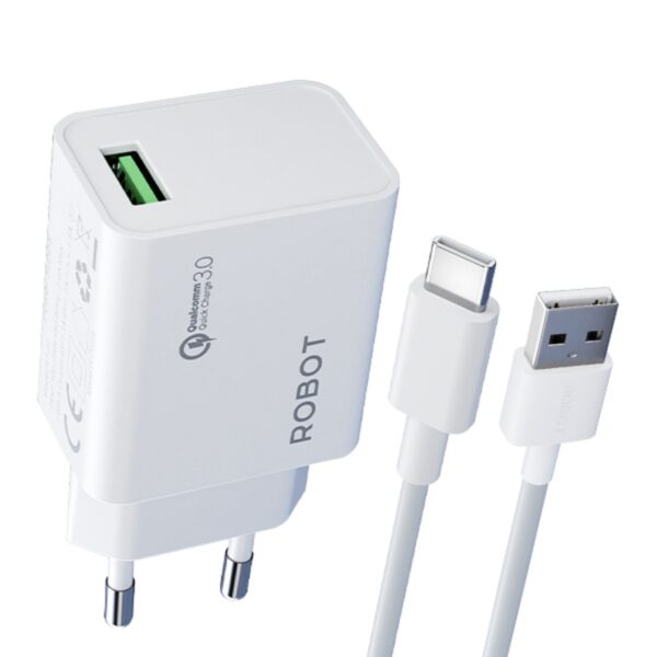 ROBOT RT-P1 Travel Charger FAST CHARGER SUIT Safe And Fast Charging 18W 3A Quick Charge 3.0 With Data Cable Type-C Type C Tipe C 100Cm
