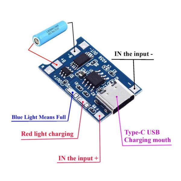 Modul Charger Cas Baterai 18650 Modul TP4056 USB Type-C Type C Charger Cas Batre 18650 Baterai Lithium 5V 1A TP4056 Battery Charging Module Lithium Ion+Protection - Gambar 2
