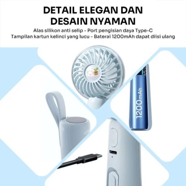 ROBOT RT-BFS2 Kipas Portable Kipas Robot Mini Handy Mini Fan Kipas Blue Gagang Genggam Portable Rechargeable 1200mAh Original Garansi Resmi - Gambar 5