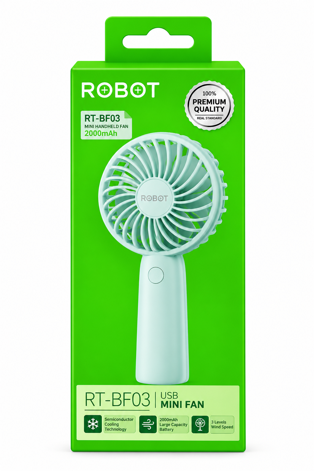 ROBOT RT-BFS2 Kipas Angin Mini Portable Rechargeable 1200mAh Kipas Genggam 3 Level Kecepatan Angin Bahan ABS PP dengan Tali Gantung dan Stiker Aksesori Kipas Handy Fan Warna Biru untuk Traveling dan Aktivitas Outdoor Original - Gambar 7