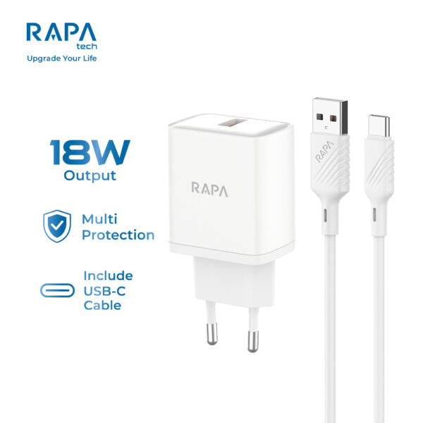 RAPATech CH4121 Travel Charger Power Lite II 18W  QC18W Fast Charging dengan Smart IC Protector & Kabel USB-A to Type-C Type C 5V 3A