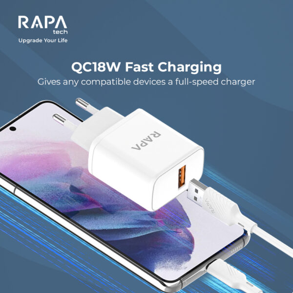 RAPATech CH4121 Travel Charger Power Lite II 18W  QC18W Fast Charging dengan Smart IC Protector & Kabel USB-A to Type-C Type C 5V 3A - Gambar 2