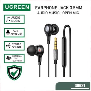 UGREEN Earphone Headset Handsfree Jack 3.5mm In-Ear Wired Earphone HiFi Stereo Bass with Mic Mikrofon Jernih untuk HP Laptop PC Gaming Musik Telepon Suara Clear Nyaman Dipakai Kabel Awet Kuat Universal Putih Hitam Original 30637 EP103 Premium Quality - Gambar 9