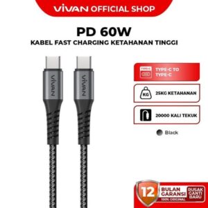 VIVAN VDUCC100 Kabel Cable Kable Data Charger USB Type C Type-C Tipe C to Type C PD Power Delivery Fast Charging 3A 60W 1M