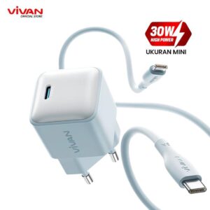 VIVAN Super Mini Charger Power Ice Blue 30W Kepala Batok Adaptor Travel Charger Type-C to Type-C Type C Tipe C PD Power Delivery 30W Fast Charging Quick Charger QC 3.0 Garansi 1 Tahun