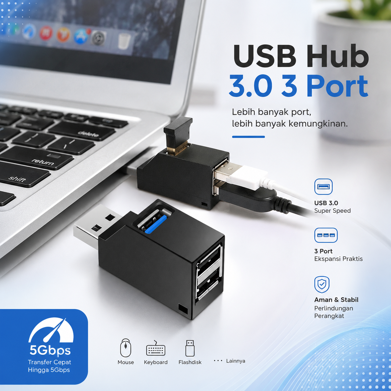 SIFREE USB Hub 3.0 Adapter 3 Port ZG163 Mini Upward 5Gbps 1 USB 3.0 + 2 USB 2.0 untuk Laptop PC Komputer Keyboard Mouse Flashdisk Plug and Play Portable dengan Transfer Data Cepat dan Stabil - Gambar 5
