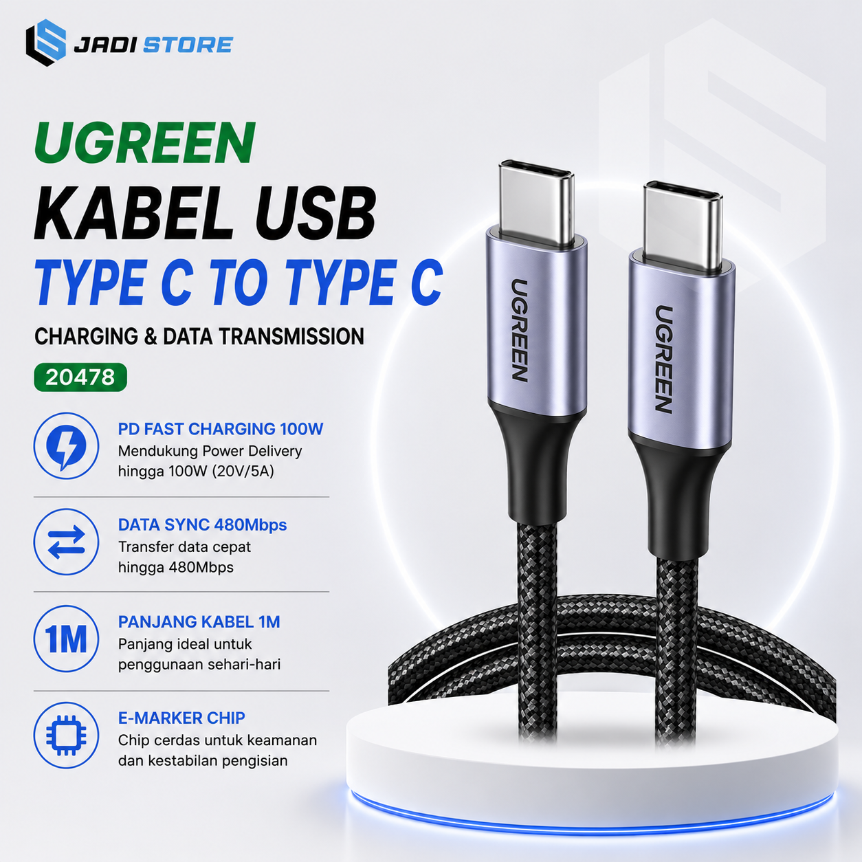 UGREEN 70427 Kabel Charger Type C to Type C USB-C 1 Meter 100W 5A Power Delivery PD 3.0 Fast Charging Nylon Braided Original untuk Android Tablet Laptop dan Perangkat USB Type C dengan Konektor Reversible Transmisi Data 480Mbps - Gambar 2