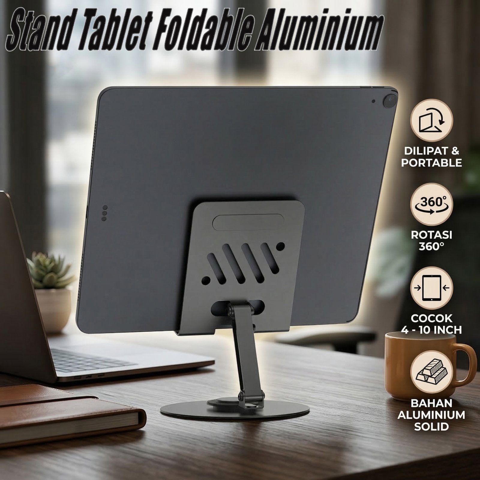VIKEFON Stand Tablet Holder Foldable Aluminium Alloy P50 360 Rotation 4-10 Inch Dudukan Tablet HP iPad Adjustable Anti Slip Portable untuk Meja Kerja Gaming Streaming Video dengan Celah Charging - Gambar 5