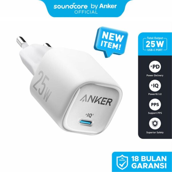 Anker A2656 25W GaN USB C Charger Compact Support PPS & Fast Charging for Samsung iPhone Fast Charger Batok Adaptor Adapter Charger PD USB-C Type-C Type C Original Garansi Resmi Fast Charging PowerIQ 3.0 A2656L11 A2656L21