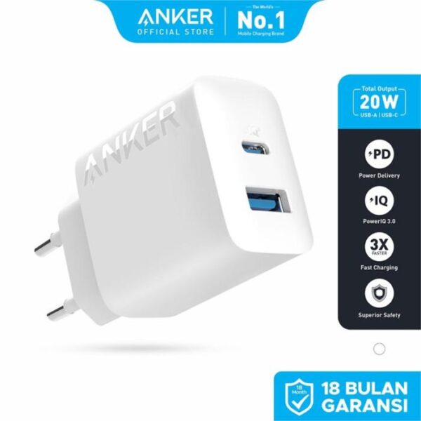ANKER A2348 Kepala Charger Powerport Charger 20W 18W Batok Dual Port USB Type A & USB Type-C Type C Power Delivery 3.0 Fast Charging Ori Original A2348L11 A2348L21 - Gambar 2