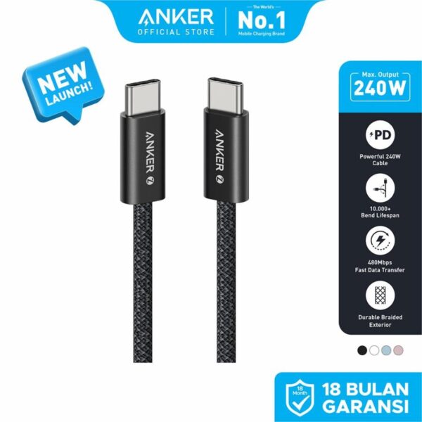 ANKER A8060 Kabel Charger Cable Data Power Delivery PD 3.0 240w Quick Charge Super Fast Charging USB  Type C to Type C Type-C Tipe C 1M Nylon Braided A8060H21 A8060H31 A8060H11