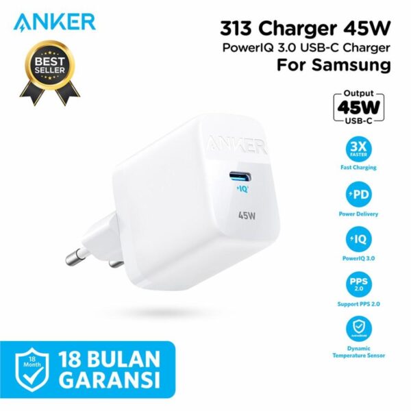 ANKER 313 Wall Kepala Batok Adaptor Charger 45W 45 W Watt PPS PD Power Delivery PowerIQ3.0 SFC Super Fast Charging USB Type C Type-C Tipe C A2643 A2643G11 A2643G21 - Gambar 4