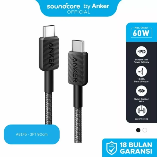 ANKER A81F5 Kabel Charger Cable Data Power Delivery PD 3.0 60w 3A Quick Charge Super Fast Charging USB  Type C to Type C Type-C Tipe C 3ft 90CM 0.9M Nylon Braided A81F5H21 A81F5H11