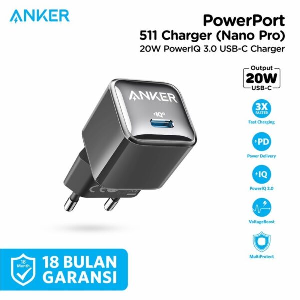 Anker A2637 PowerPort Nano Pro 20w Black White Fast Charger Batok Adaptor Adapter Charger iPhone PD USB-C Type-C Type C Original Garansi Resmi Fast Charging PowerIQ 3.0 A2637L16 A2637L26