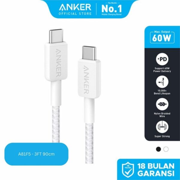 ANKER A81F5 Kabel Charger Cable Data Power Delivery PD 3.0 60w 3A Quick Charge Super Fast Charging USB  Type C to Type C Type-C Tipe C 3ft 90CM 0.9M Nylon Braided A81F5H21 A81F5H11 - Gambar 6
