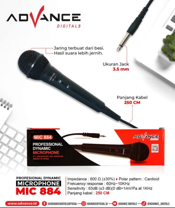 Microphone Advance Mic-884 Mic Karaoke Profesional Dynamic Mic Kabel Microphone Mikrofon Mic Mik Kabel Speaker Karaoke - Gambar 5