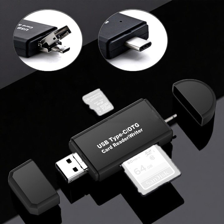 XZT Card Reader OTG 3in1 USB 2.0 Type C Micro USB SD Card MicroSD Cardreader Adapter Memory Card Reader Transfer Data OTG untuk Android Laptop PC Kamera USB Flash Drive SDHC Portable Hitam - Gambar 6