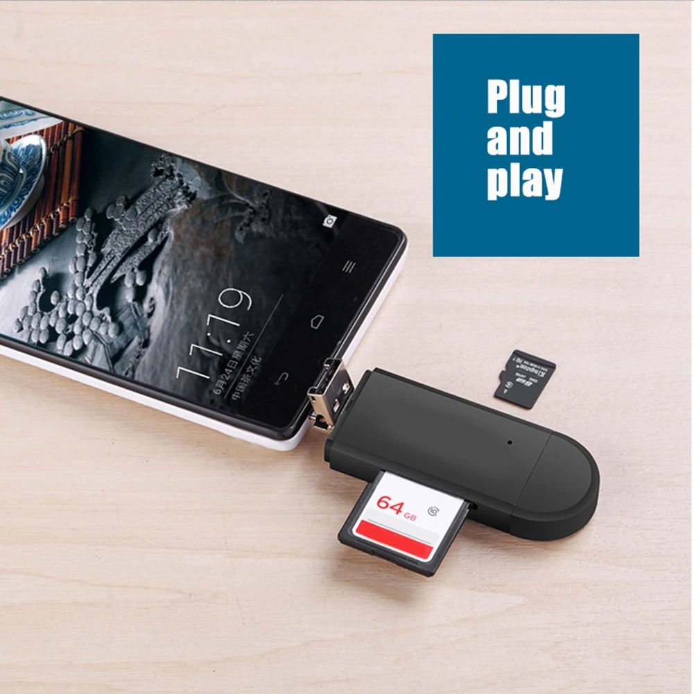 XZT Card Reader OTG 3in1 USB 2.0 Type C Micro USB SD Card MicroSD Cardreader Adapter Memory Card Reader Transfer Data OTG untuk Android Laptop PC Kamera USB Flash Drive SDHC Portable Hitam - Gambar 7