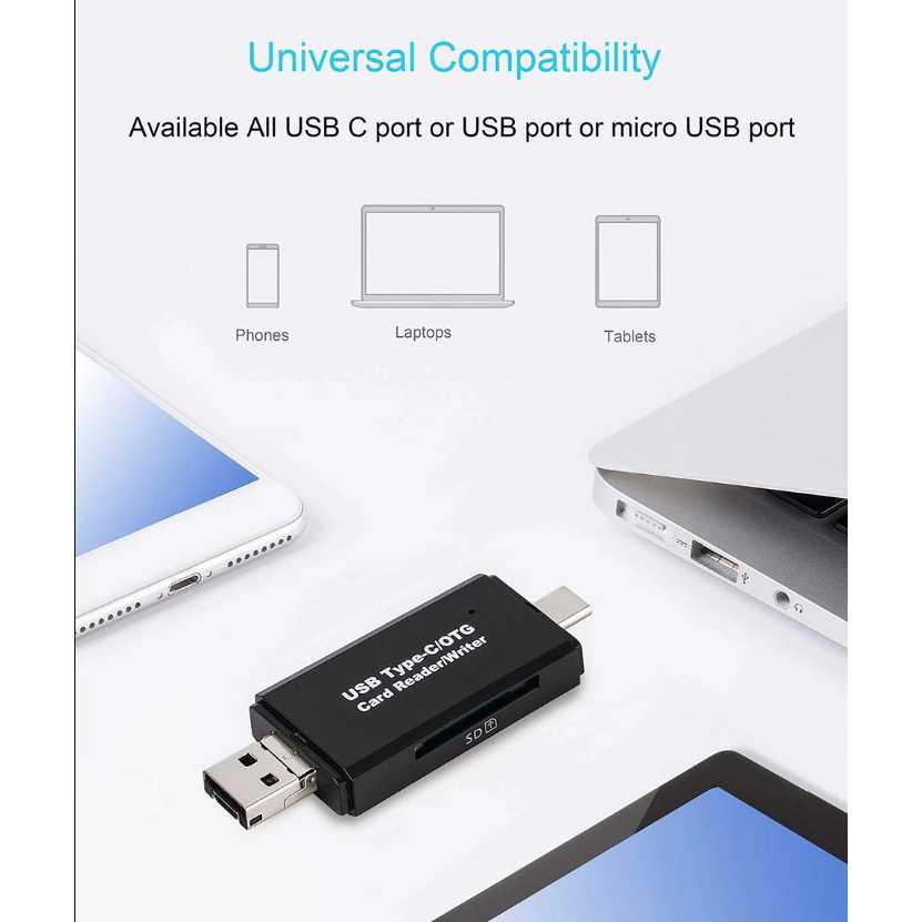 Card Reader Cardreader OTG 3 in 1 3in1 USB 2.0 Micro USB Type-C Type C Micro SD Card MicroSD SDHC SD Card Memory Kamera - Gambar 3