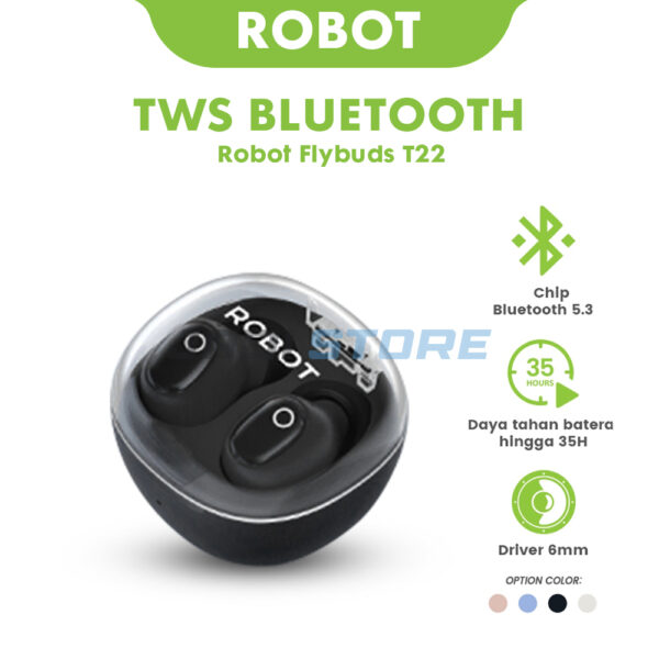 ROBOT TWS Flybuds T22 Headset Bluetooth Wireless Earphone Hitam Earbuds Stereo Suara Jernih Gaming Musik Handsfree Bluetooth 5.0 5.3 Original ROBOT TWS Wireless Earphone Flybuds T22 True Wireless Headset Bluetooth Earbuds dengan Garansi Resmi 1 Tahun