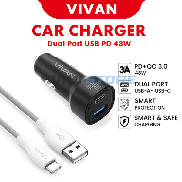 Vivan VCC07 Charger Mobil Car Charger 48W USB A USB-C Type-C PD Fast Charging QC 3.0 VIVAN VCC07 Car Charger 2 Port USB & Type C 3A Fast Charging Original Garansi Resmi 1 Tahun Charger Mobil Cepat