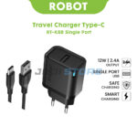 ROBOT RT-K8B Adaptor Charger Set 5V 2.4A 12W With Cable USB-C Fast Charging Kepala Cas Aman Original Charger Adapter Daya Stabil Anti Panas Garansi Resmi 1 Tahun Kabel Type C Included Charger Robot RT-K8B Black Travel Charger Aman Cepat Efisien Portable