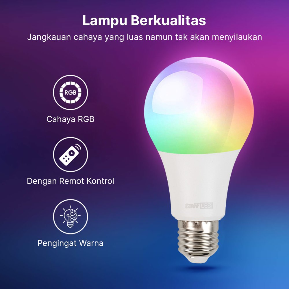 TaffLED Lampu Bohlam RGB dengan Remote Kontrol E27 15W BONDA B2 Lampu LED RGB Warna Warni Bohlam Smart Light Remote Control Lampu Tidur Dekorasi Ruangan RGB Light E27 Bohlam LED Hemat Energi Lampu Hias Rumah Kamar RGB Remote - Gambar 4