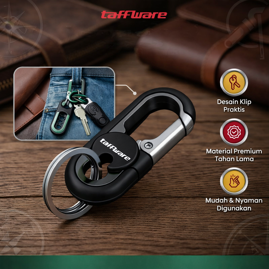 Taffware Gantungan Kunci Carabiner Keychain Clip Black A3746 Stainless Steel Zinc Alloy Pengait Kunci Motor Mobil Double Ring Anti Karat Kait Tas Ransel EDC Outdoor Serbaguna 6.6cm untuk Traveling Sepeda Camping - Gambar 5